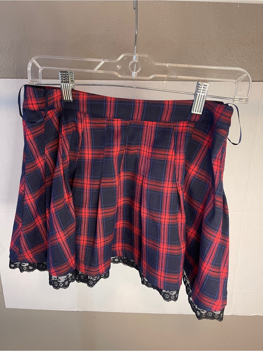 Plaid Lace-Trim Mini Skirt - Red and Navy